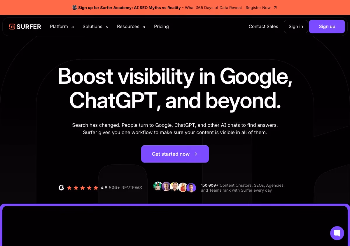 Surfer SEO homepage screenshot showing content optimization platform
