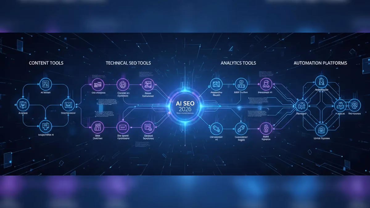 AI SEO tools landscape showing content, technical, analytics, and automation tool categories