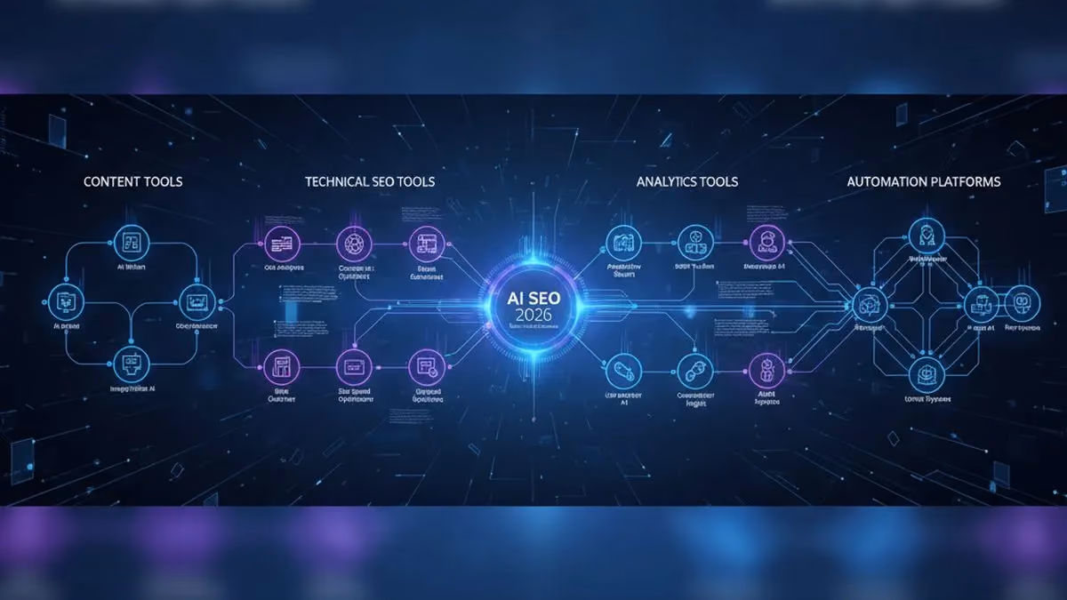 AI SEO tools landscape showing content, technical, analytics, and automation tool categories