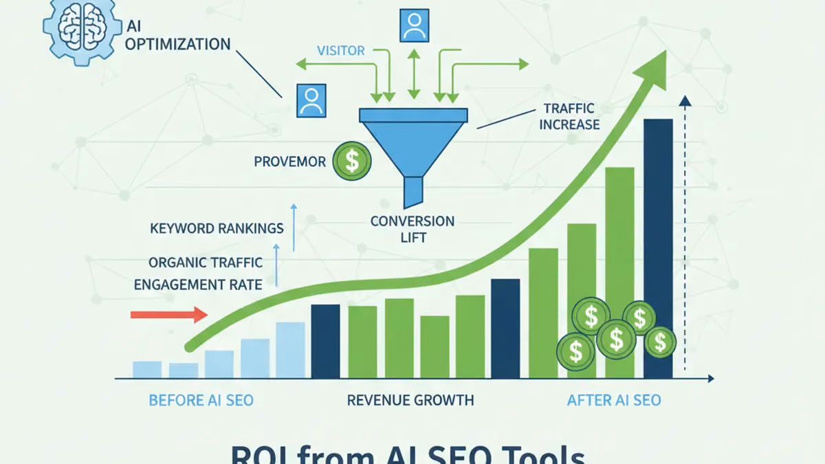 ROI measurement dashboard showing AI SEO tools performance impact on traffic and conversions