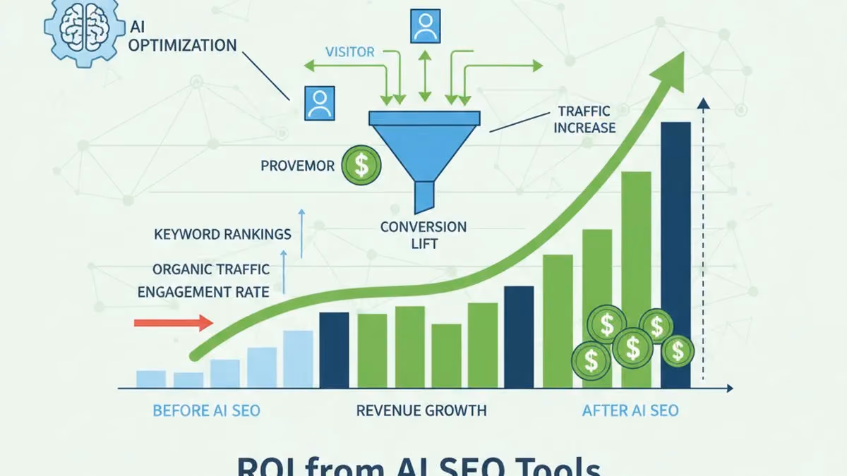 ROI measurement dashboard showing AI SEO tools performance impact on traffic and conversions