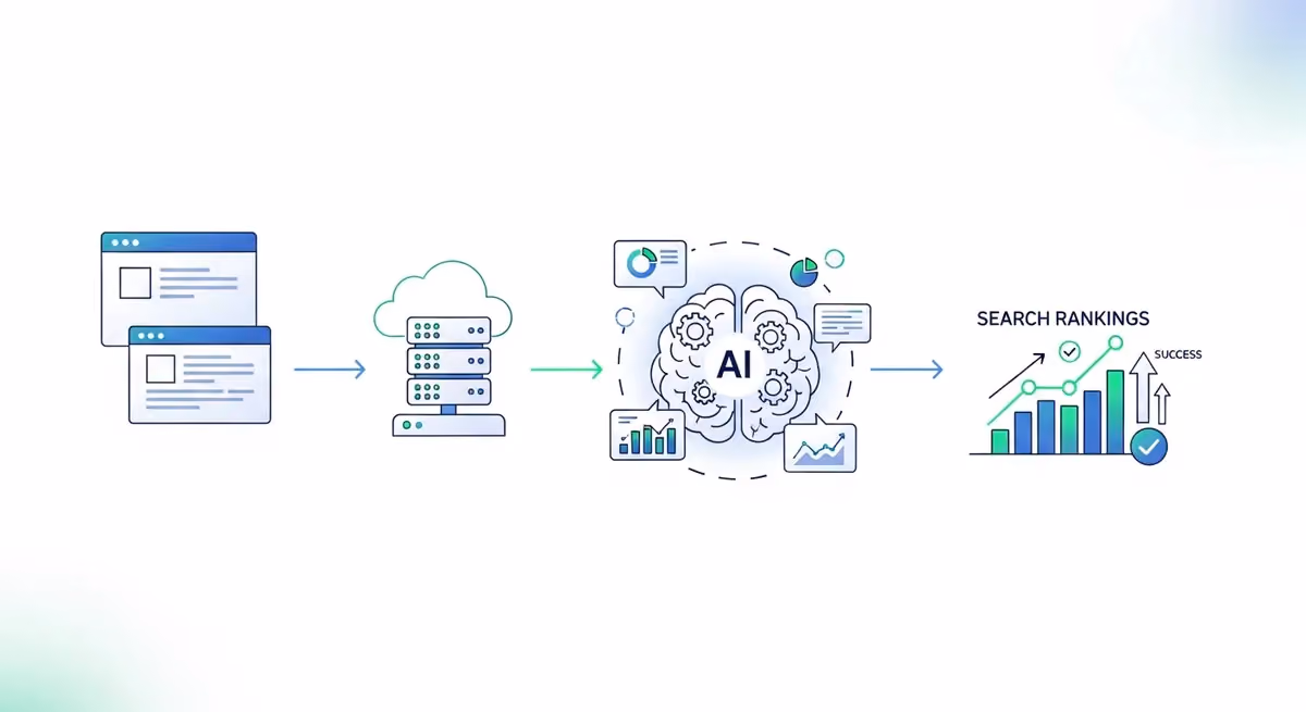 Three step process showing how AI SEO tools automate search optimization