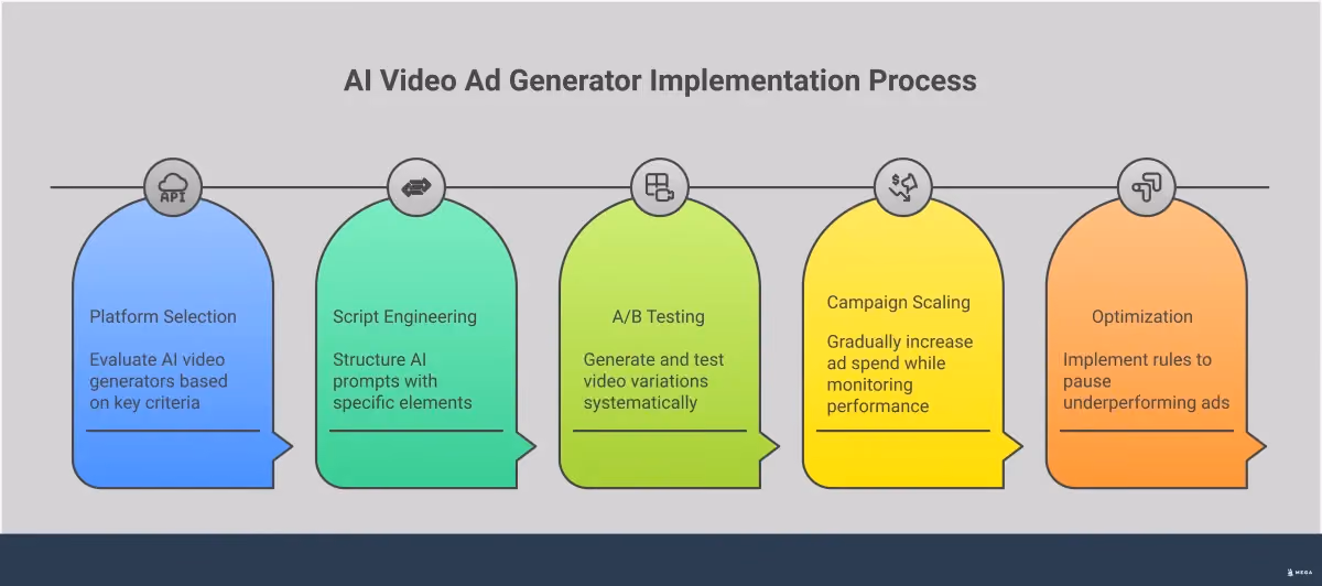 AI Video Ad Generator Implementation Guide Professional infographic showing AI video ad generator implementation process with four main sections: platform selection criteria comparing different tools, script engineering best practices with prompt structure examples, systematic A/B testing methodology with metrics tracking, and campaign scaling strategies with budget optimization techniques. Each section includes specific tools, metrics, and actionable steps for small businesses to create effective video advertising campaigns using artificial intelligence.