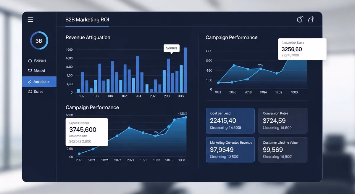 B2B marketing ROI dashboard with revenue attribution and campaign performance metrics