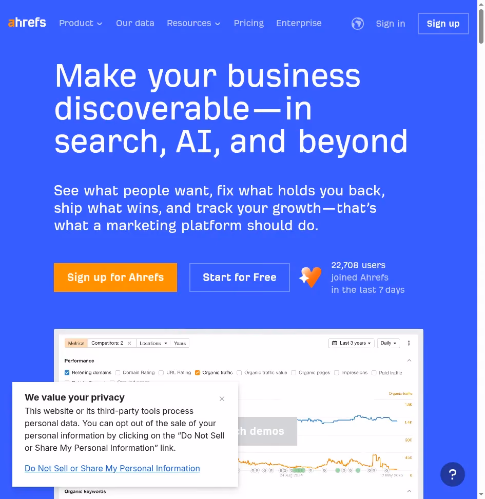 Ahrefs homepage showing SEO monitoring and backlink analysis platform