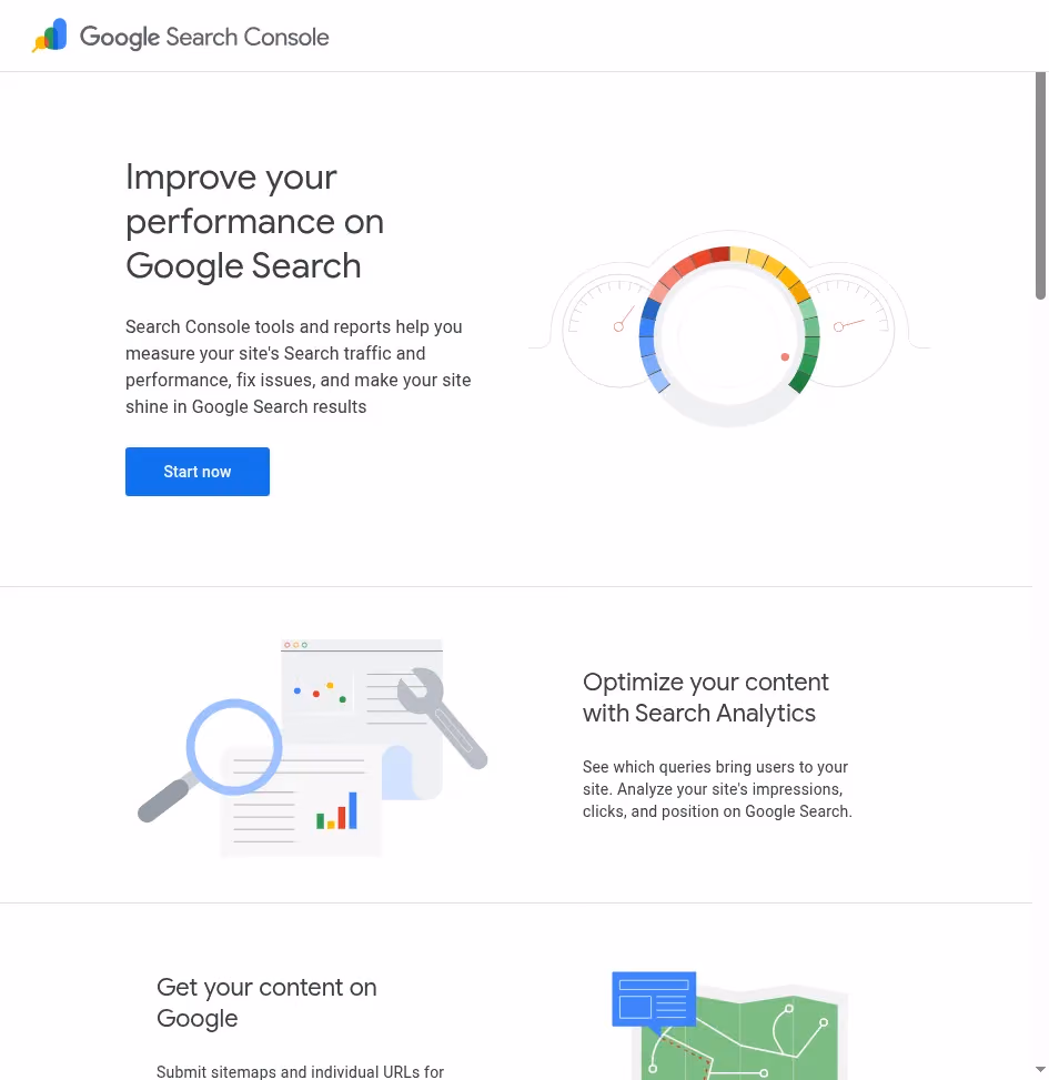 Google Search Console homepage showing free SEO monitoring and performance tools