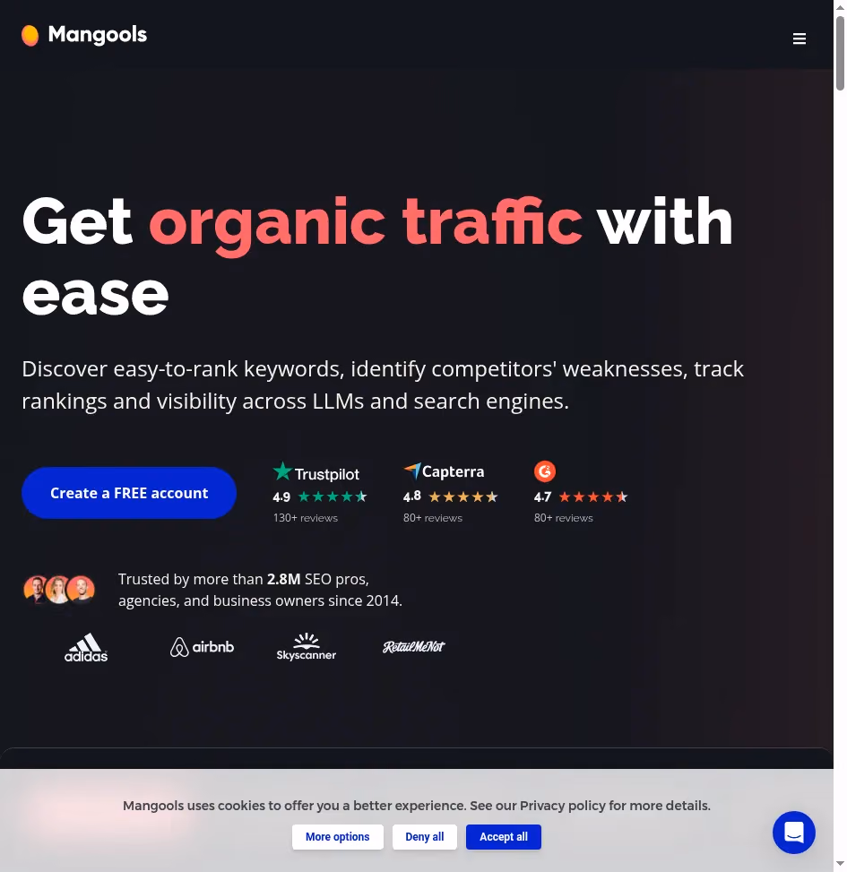 Mangools homepage showing affordable SEO tools including SERPWatcher rank tracking
