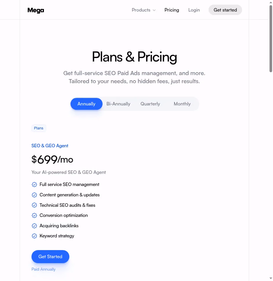 Mega SEO Agent pricing page showing AI-powered SEO monitoring platform