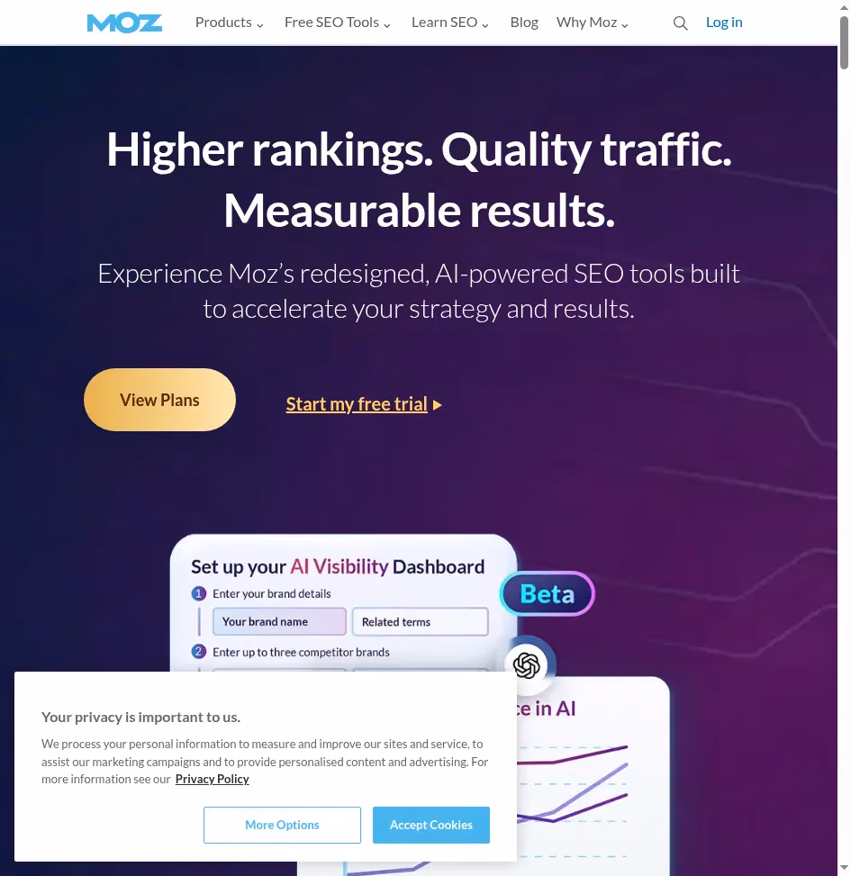 Moz homepage showing SEO monitoring tools for rankings and traffic