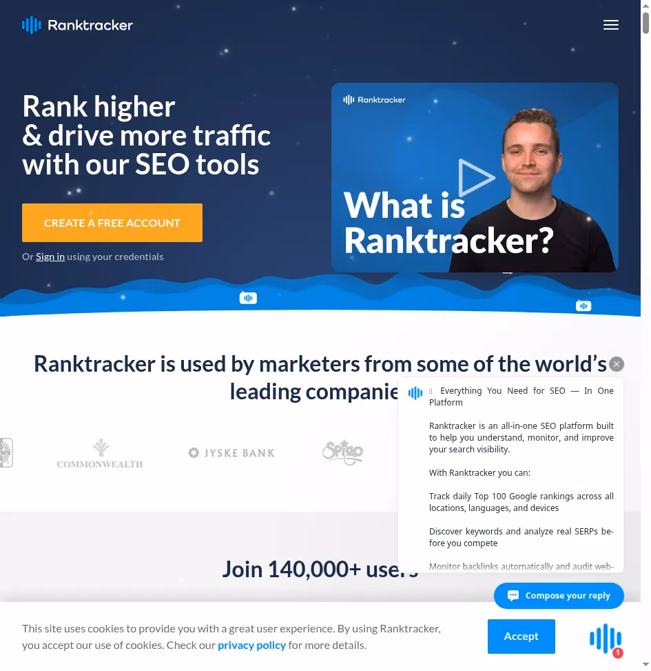 Ranktracker homepage showing SEO rank tracking and keyword monitoring platform