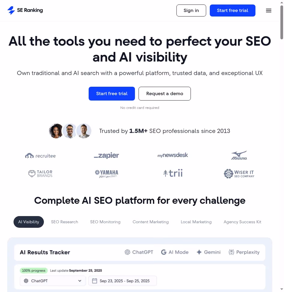SE Ranking homepage showing affordable SEO monitoring and AI visibility platform