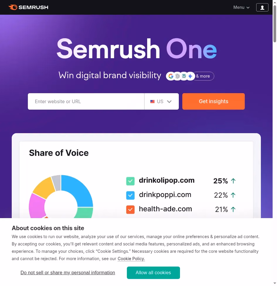 Semrush homepage showing all-in-one SEO monitoring and competitive intelligence platform