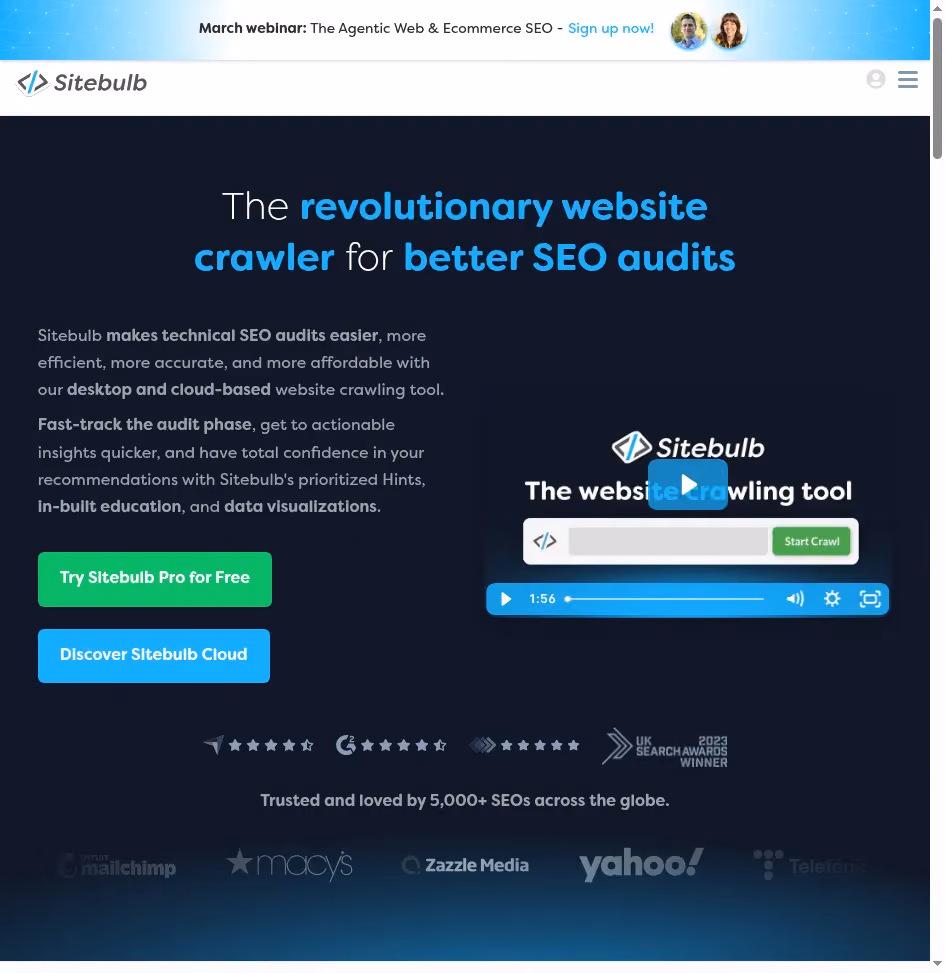 Sitebulb homepage showing technical SEO website crawling and auditing tool