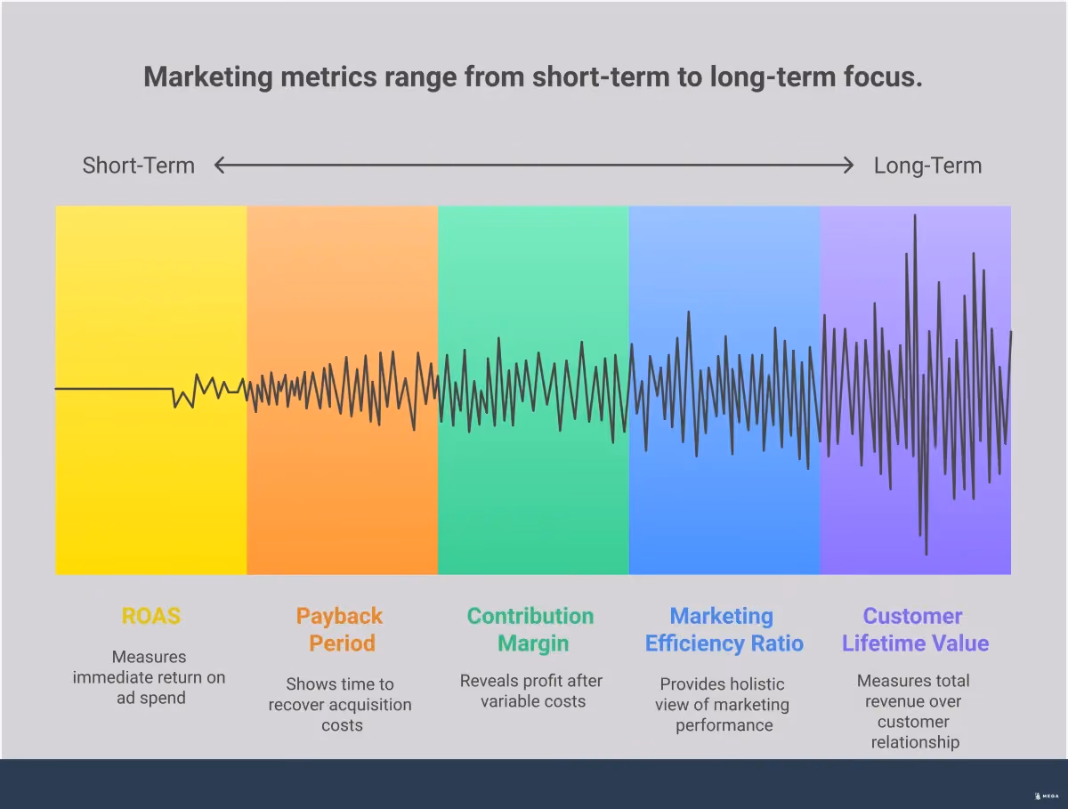 Beyond ROAS: Advanced Metrics That Drive Real Profit Professional infographic showing four advanced marketing metrics beyond ROAS: Customer Lifetime Value (CLV) for long-term profitability, Marketing Efficiency Ratio (MER) for holistic performance measurement, Contribution Margin by Channel for true profit analysis, and Payback Period Analysis for cash flow optimization. Each section includes detailed explanations and key takeaways for marketers seeking more sophisticated measurement approaches.