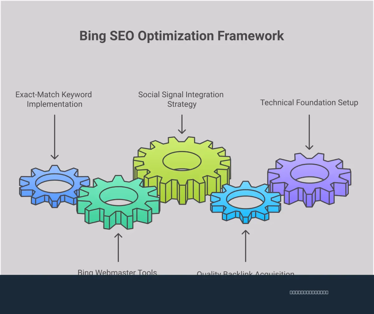 Bing SEO Optimization Framework Professional infographic showing Bing SEO optimization framework with five main sections: exact-match keyword implementation with title tag and header examples, Bing Webmaster Tools dashboard interface showing sitemap submission and SEO analyzer features, social media integration strategy displaying Facebook, Twitter and LinkedIn icons with engagement metrics, quality backlink acquisition showing .edu and .gov domain examples with authority indicators, and technical foundation setup illustrating header hierarchy structure and schema markup implementation. Each section includes specific metrics, tools, and actionable steps for improving Bing search rankings.