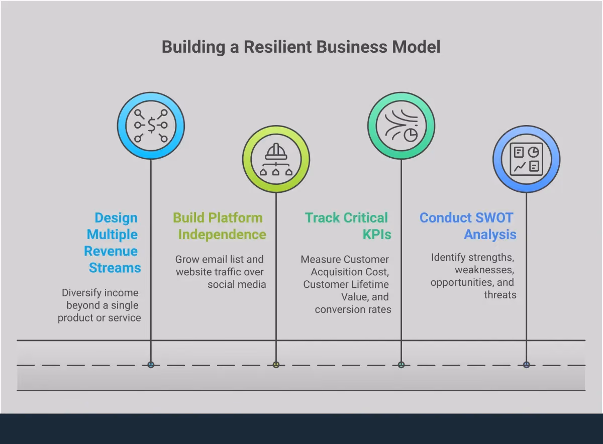 Build a Resilient Business Model That Survives Any Storm Professional infographic showing four key strategies for building a resilient business model: conducting SWOT analysis with a 2x2 grid diagram, tracking critical KPIs with dashboard mockups showing CAC and LTV metrics, building platform independence through owned assets like email lists and websites, and designing multiple revenue streams with diversified income source illustrations. Each section includes specific tools, metrics, and actionable steps for implementation.