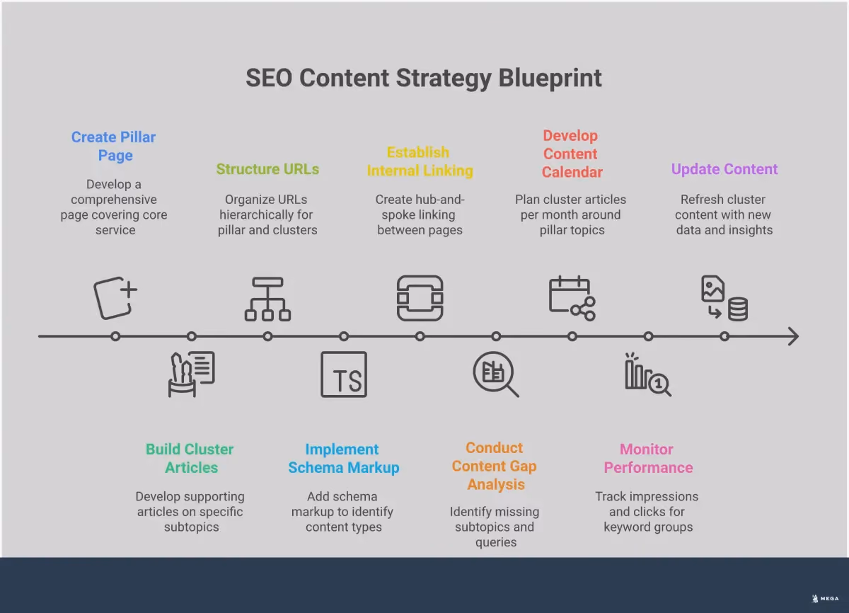 Build Topical Authority: Your SEO Content Strategy Blueprint Professional infographic showing a four-step blueprint for building topical authority in SEO. Features pillar page architecture with connected cluster content, internal linking strategies with hub-and-spoke diagrams, content research methodology using various SEO tools, and performance tracking metrics. Uses clean typography and structured layouts with connecting arrows showing content relationships and workflow processes.