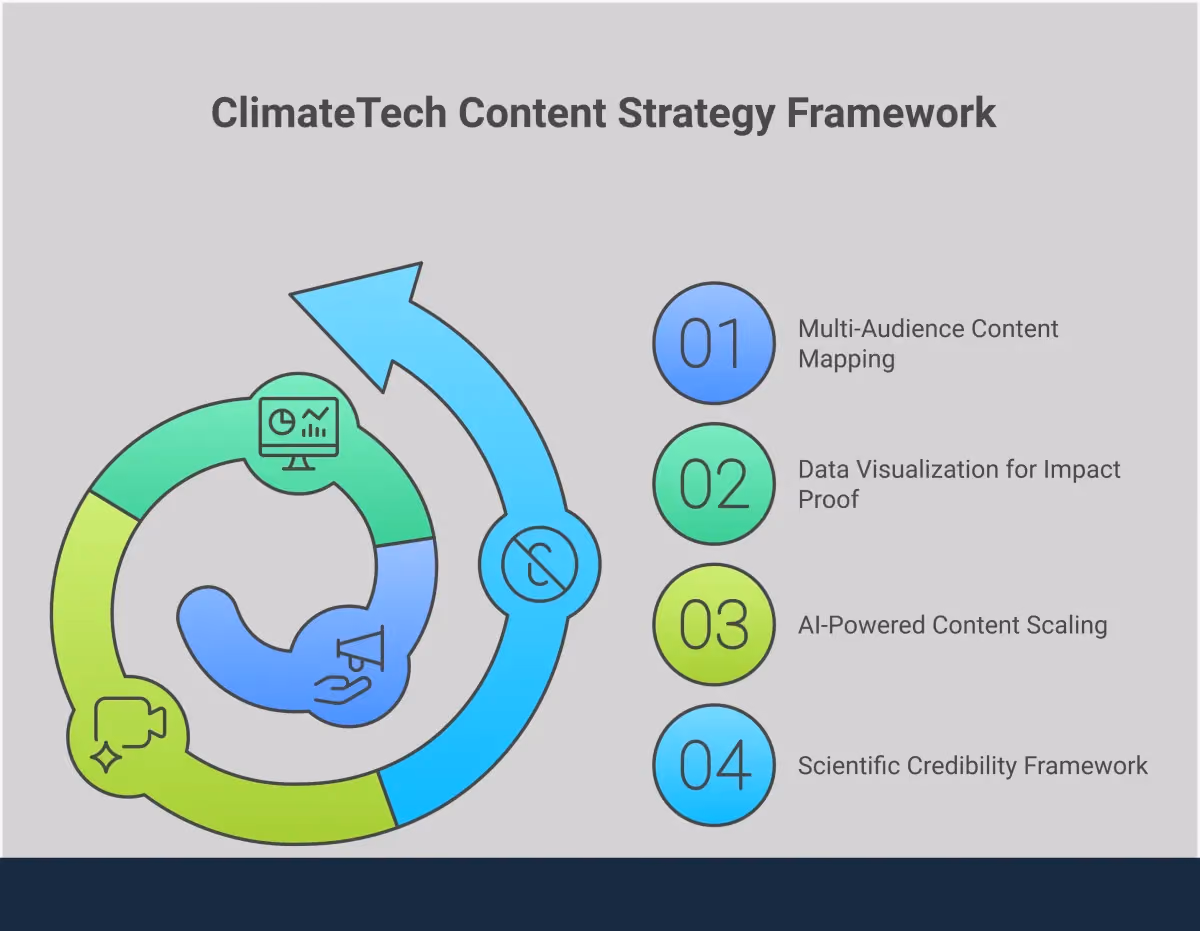 ClimateTech Content Strategy Framework Professional infographic showing a comprehensive ClimateTech content strategy framework with four main sections: Multi-Audience Content Mapping featuring persona-based messaging and LinkedIn targeting, Data Visualization for Impact Proof with interactive dashboards and third-party validation, AI-Powered Content Scaling showing automated workflows and quality control, and Scientific Credibility Framework displaying peer review processes and certification standards. Each section includes specific tools, metrics, and implementation steps with clean, modern design elements in professional blue and green color scheme.