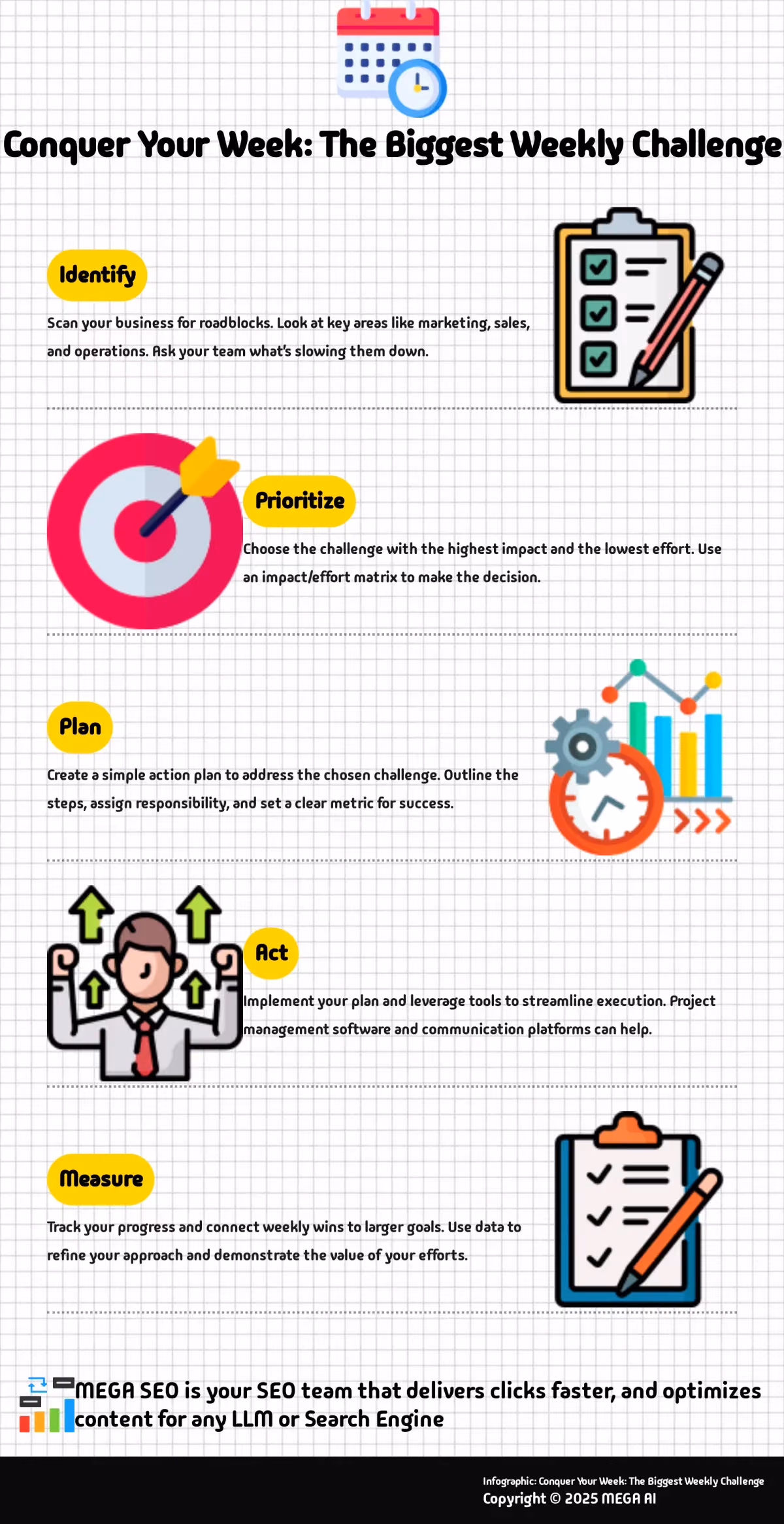Conquer Your Week: The Biggest Weekly Challenge 5-step infographic outlining the Biggest Weekly Challenge strategy for business growth.