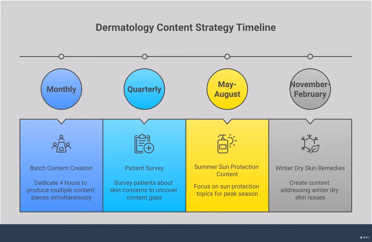 Content Strategy Framework for Dermatology Practices Professional infographic showing a comprehensive content strategy framework for dermatology practices. Features four main sections covering patient-driven topic research, local SEO optimization, content format strategy, and performance tracking. Each section includes specific tools, metrics, and actionable steps with professional medical iconography and clean typography. Color scheme uses medical blues and greens with clear data visualization elements.