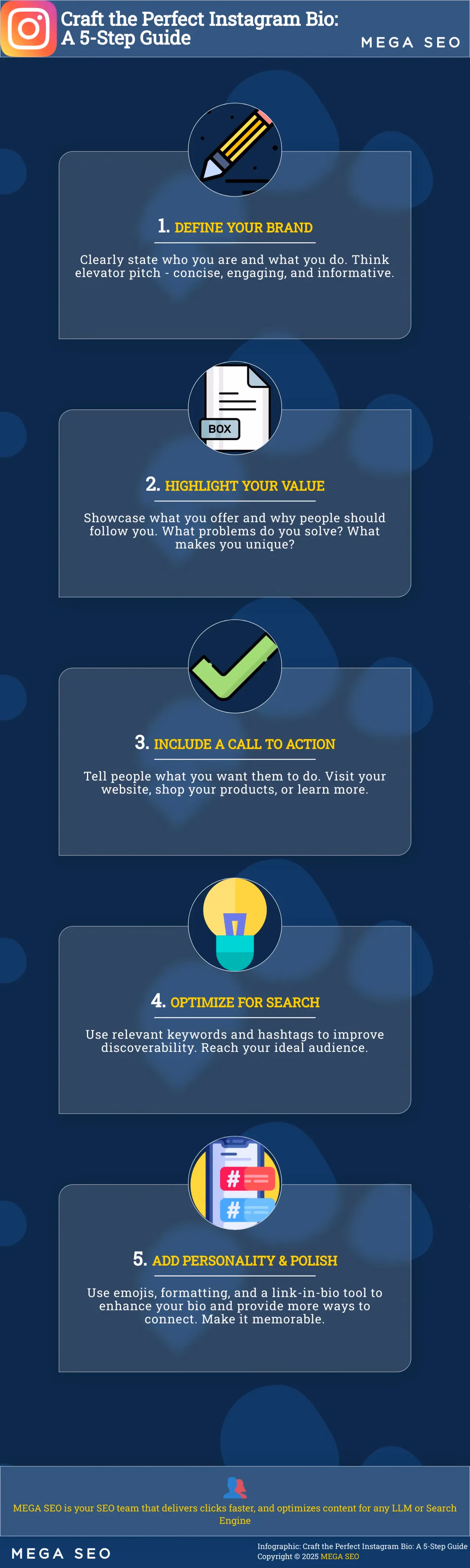 Craft the Perfect Instagram Bio: A 5-Step Guide A 5-step infographic guide to creating a compelling Instagram bio for entrepreneurs.