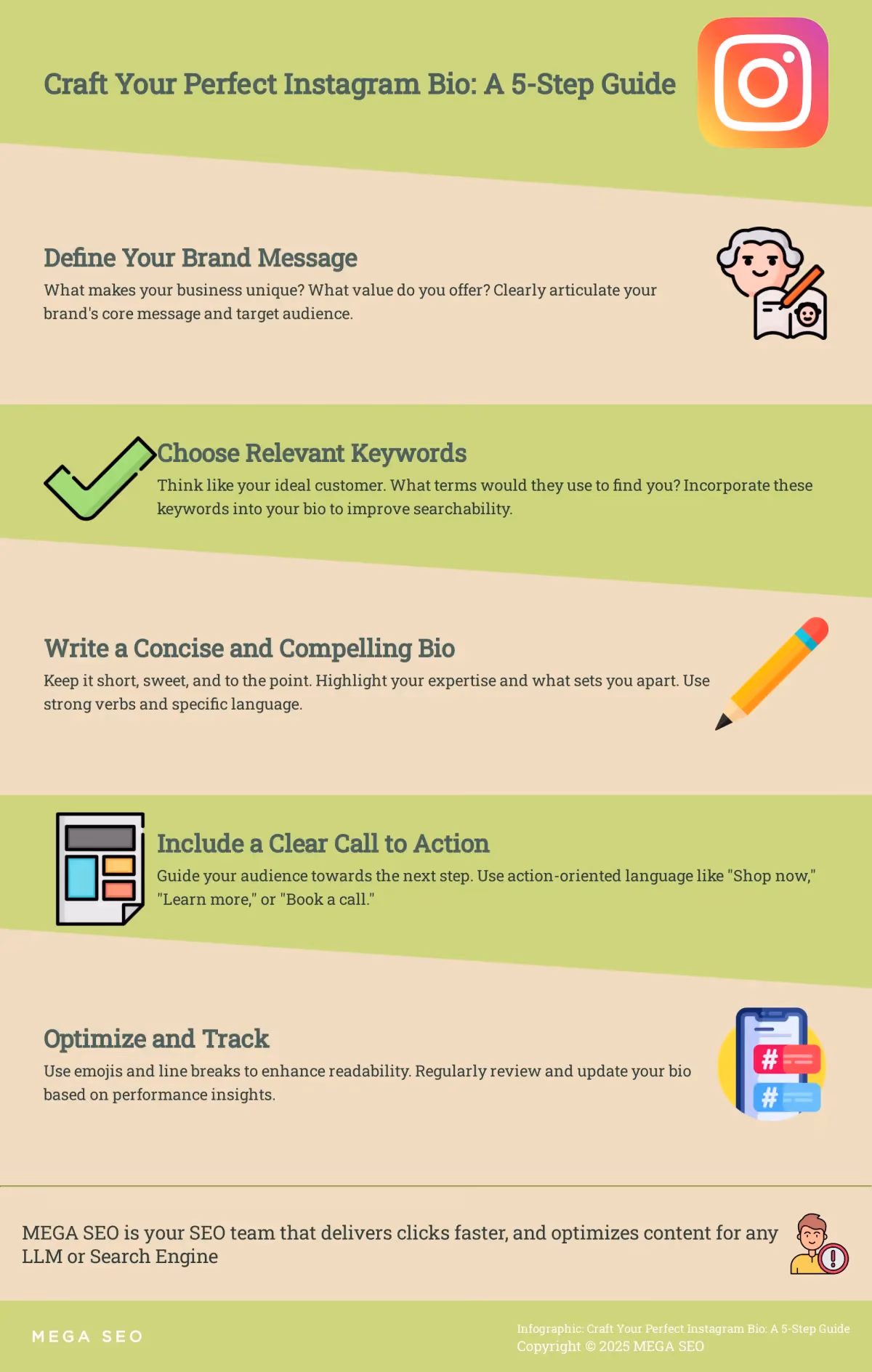 Craft Your Perfect Instagram Bio: A 5-Step Guide A 5-step infographic outlining how to create a compelling Instagram bio for entrepreneurs.