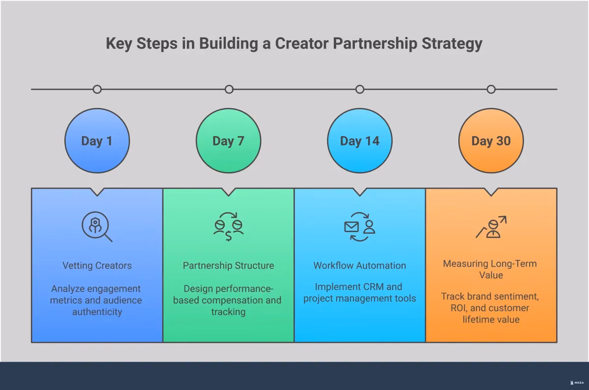 Professional infographic showing creator partnership strategy for small businesses, featuring four main sections on vetting creators through engagement metrics, building performance-based partnerships, scaling with automated workflows, and measuring long-term value. Each section includes specific tools, percentages, and actionable steps for implementing creator marketing programs that deliver measurable business results.