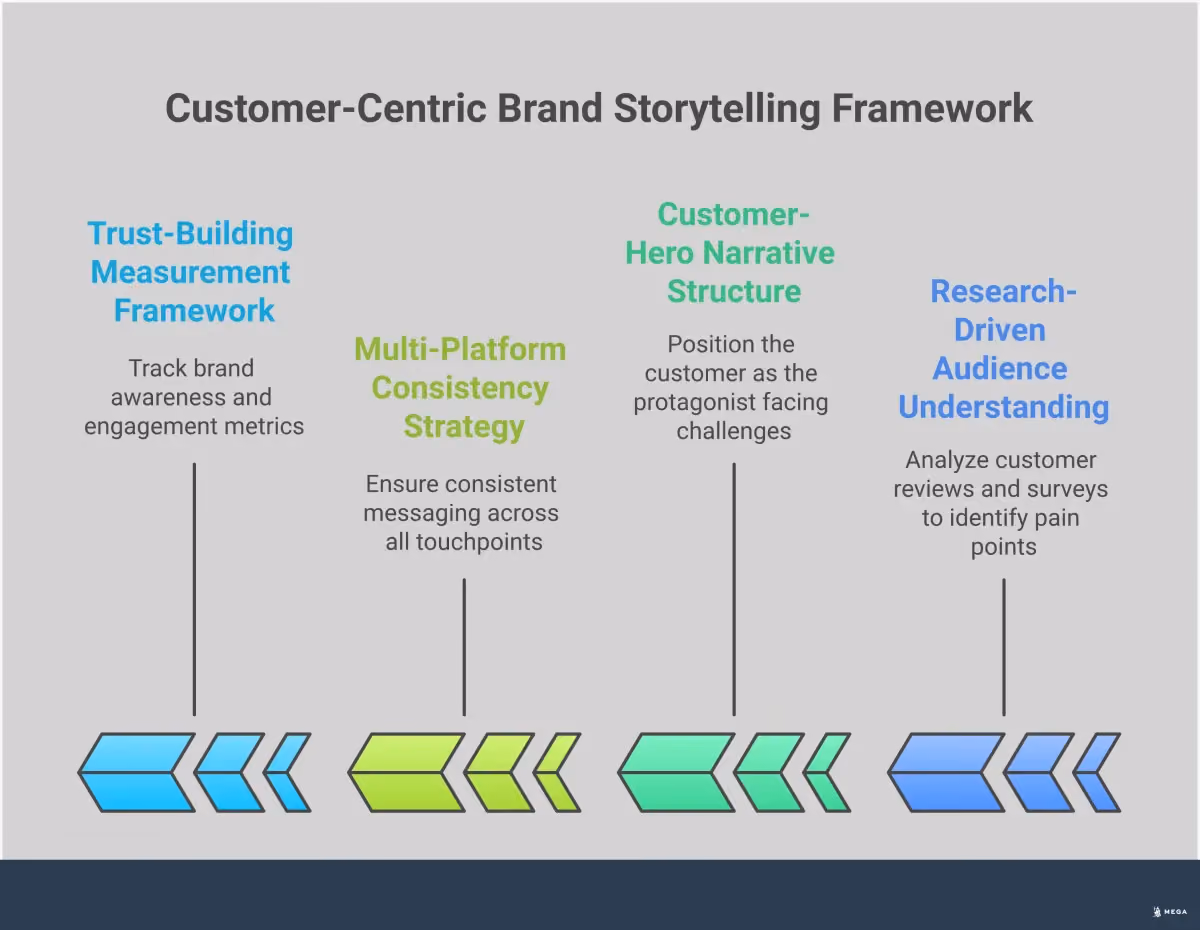 Customer-Centric Brand Storytelling Framework Professional infographic showing a customer-centric brand storytelling framework with four main sections: Research-Driven Audience Understanding featuring survey tools and analytics dashboards, Customer-Hero Narrative Structure with story arc diagrams, Multi-Platform Consistency Strategy showing various social media and content channels, and Trust-Building Measurement Framework displaying metrics and feedback systems. The design uses clean typography and business-appropriate colors to convey expertise in brand storytelling methodology.