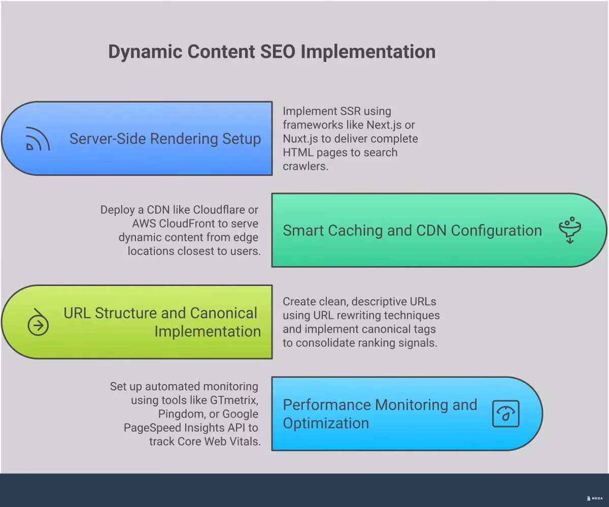 Dynamic Content SEO Implementation Guide Professional infographic showing four key sections for implementing dynamic content SEO: Server-Side Rendering Setup with framework examples and testing tools, Smart Caching and CDN Configuration with performance metrics, URL Structure and Canonical Implementation with before/after examples, and Performance Monitoring and Optimization with specific tools and thresholds. Each section includes actionable steps, specific tools, and measurable outcomes for technical SEO success.