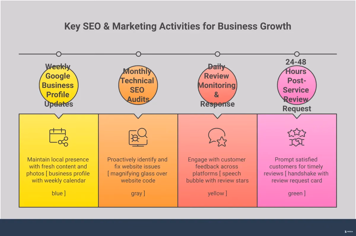 Essential SEO & Marketing Tools for Business Growth Professional infographic showing essential SEO and marketing tools for business growth. Features four main sections: keyword research foundation with tools like Google Keyword Planner and Ahrefs, technical SEO health monitoring using Screaming Frog and PageSpeed Insights, local SEO and reputation management through Google Business Profile optimization, and AI versus traditional tool strategy comparison. Each section includes specific tools, metrics, and actionable steps for implementation.