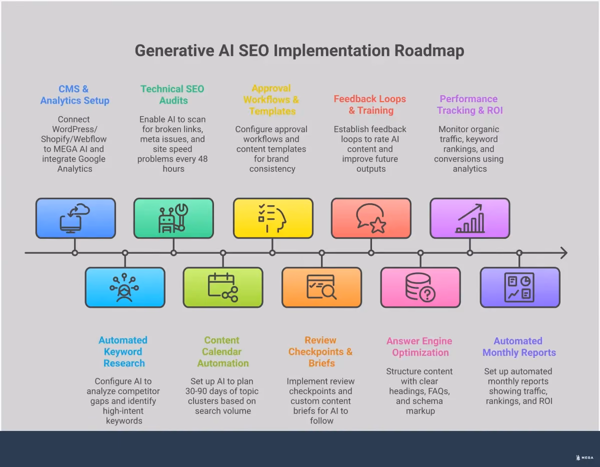 Generative AI SEO: Complete Implementation Guide Professional infographic showing a complete implementation guide for generative AI SEO services. The design features four main sections covering end-to-end automation setup, human-in-the-loop content control, answer engine optimization strategy, and performance tracking. Each section includes specific tools, metrics, and actionable steps for businesses to implement AI-powered SEO strategies. The layout uses clean typography, structured information hierarchy, and professional color scheme to present complex SEO concepts in an accessible format.