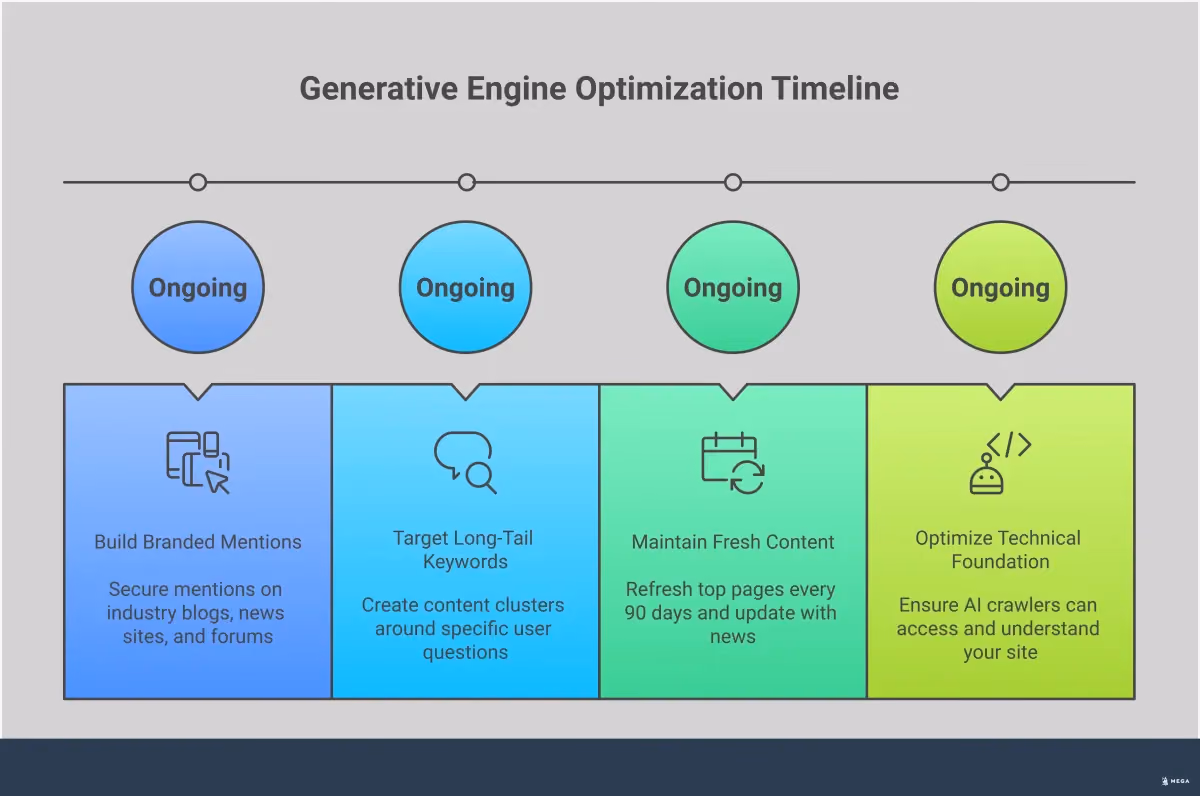 Generative Engine Optimization: Your AI Search Strategy Professional infographic showing four key strategies for Generative Engine Optimization (GEO): building branded mentions across platforms with specific tools and tactics, targeting long-tail conversational keywords with content structure examples, maintaining fresh content through regular update cycles, and optimizing technical foundations for AI crawlers including robots.txt and schema markup implementation.