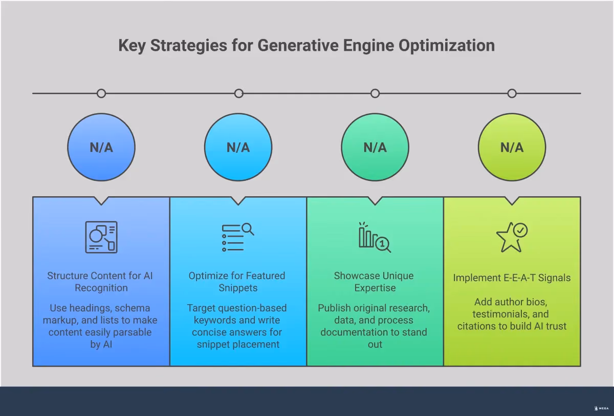 Generative Engine Optimization: Your AI Search Strategy Professional infographic showing four key strategies for Generative Engine Optimization (GEO): structuring content with schema markup and clear headings for AI recognition, optimizing for featured snippets with question-based keywords and concise answers, showcasing unique expertise through original data and case studies, and implementing E-E-A-T trust signals with author credentials and customer validation. Each section includes specific tools, metrics, and actionable steps for businesses to improve their visibility in AI-powered search results.