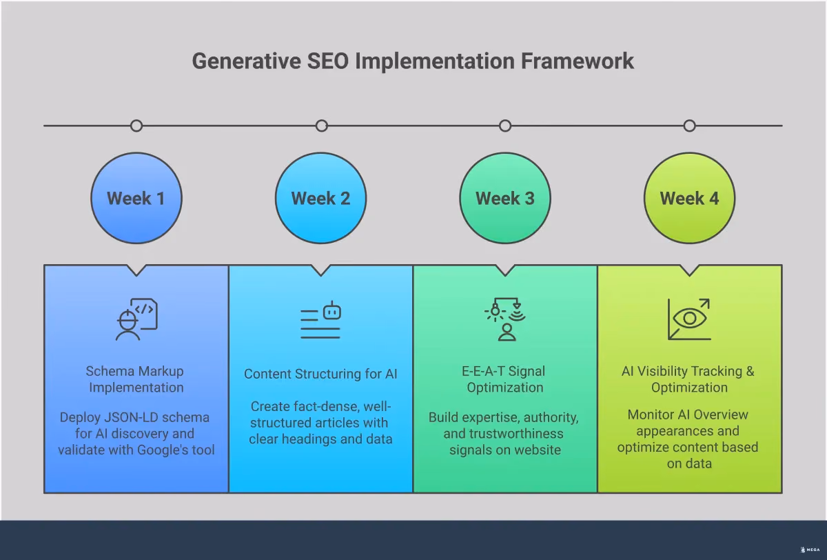 Generative SEO Implementation Framework Professional infographic showing a four-step generative SEO implementation framework. The design features clean sections with icons representing schema markup, content structure, authority signals, and performance tracking. Each section contains detailed implementation steps with specific tools and metrics. The layout uses a modern blue and gray color scheme with clear typography and organized bullet points for easy scanning.