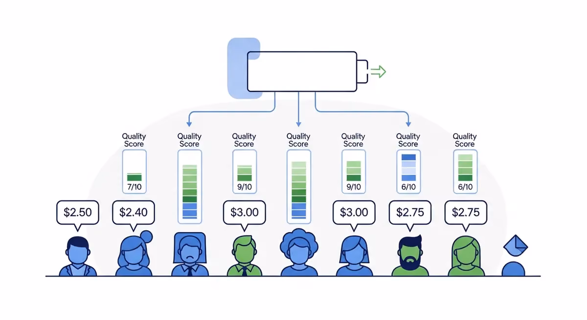 Google Ads auction and bidding system diagram showing quality score and ad rank competition