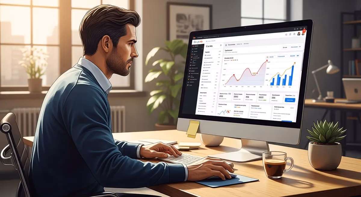 Small business owner optimizing Google Ads campaign with conversion tracking dashboard