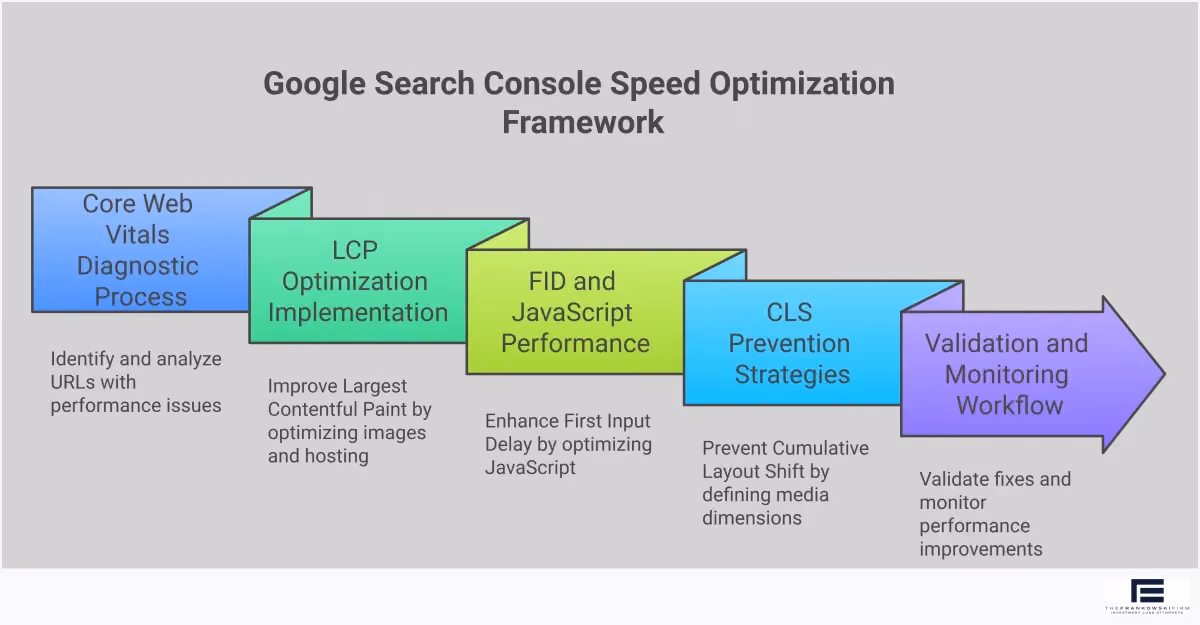Google Search Console Speed Optimization Framework Professional infographic showing Google Search Console speed optimization framework with five main sections: Core Web Vitals diagnostic process showing GSC dashboard navigation, LCP optimization with image compression techniques, FID improvement through JavaScript optimization, CLS prevention using layout stability methods, and validation workflow with monitoring procedures. Each section contains specific tools, metrics, and implementation steps for improving website performance using GSC data.
