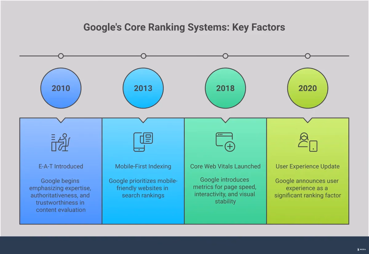 Google's Core Ranking Systems: Align Your SEO Strategy Professional infographic showing Google's core ranking systems and SEO strategy alignment. Features four main sections covering understanding ranking systems, content quality and relevance, technical SEO alignment, and user experience signals. Uses clean typography and structured layout with key takeaways highlighted for each section.
