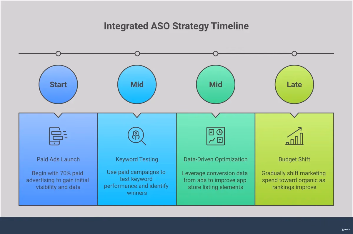 Integrated ASO: Connect Paid Ads with Organic Growth Professional infographic showing integrated ASO strategy with four main sections: Understanding ASO Integration (showing synergy between paid and organic), Keyword Strategy Alignment (depicting testing flow from paid to organic), Data-Driven Optimization (illustrating feedback loop between campaigns and listings), and Budget Allocation Strategy (showing the shift from paid-heavy to organic-focused spending over time)