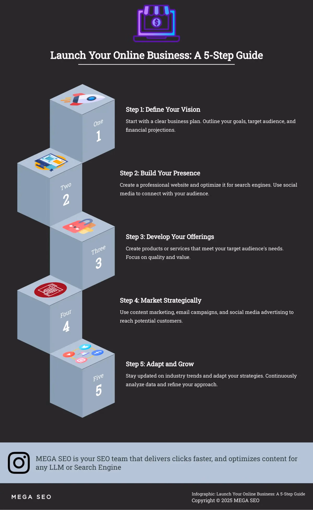 Launch Your Online Business: A 5-Step Guide Infographic: 5 steps to launching an online business
