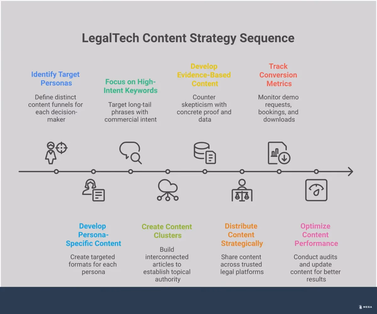 LegalTech Content Strategy: Multi-Stakeholder Approach Professional infographic showing LegalTech content strategy framework with five main sections: persona-specific content mapping for managing partners, IT directors and end-users; high-intent keyword targeting with specific tools and metrics; evidence-based content development using case studies and data; multi-channel distribution across legal platforms and publications; and performance measurement focusing on conversion metrics and optimization strategies. Each section includes specific tools, percentages, and actionable implementation steps for legal technology companies.