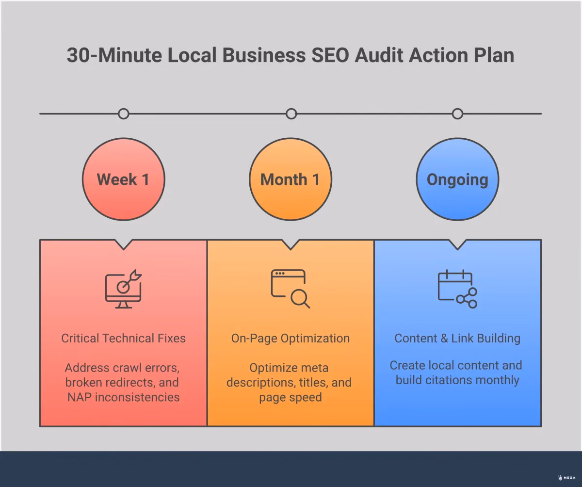 Local Business SEO Audit: 30-Minute Action Plan Professional infographic showing a 4-step local business SEO audit process. Features technical foundation checks with crawl error identification, local search visibility assessment including Google Business Profile optimization, content gap analysis with competitor research strategies, and implementation priority framework with three-tier action planning. Each section includes specific tools, timeframes, and measurable outcomes for local businesses to improve their search rankings and customer visibility.