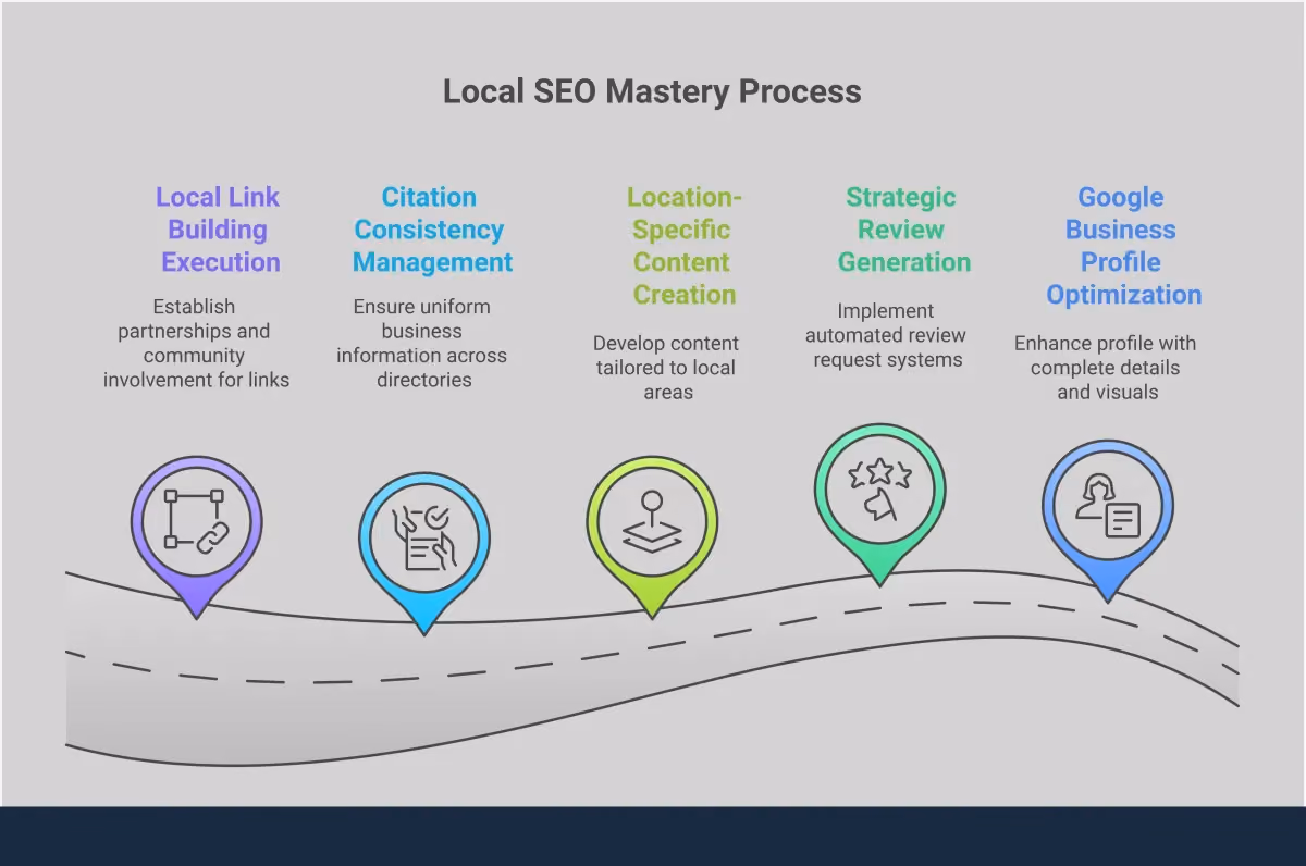 Local SEO Mastery: Convert Local Searches Into Customers Professional infographic showing Local SEO Mastery strategies including Google Business Profile optimization with specific fields and photo requirements, review generation system with automated tools and QR codes, location-specific content creation with keyword targeting examples, citation consistency management across 50+ directories, and local link building through community partnerships and sponsorships. Each section contains actionable steps with specific tools, metrics, and implementation details for converting local searches into customers.