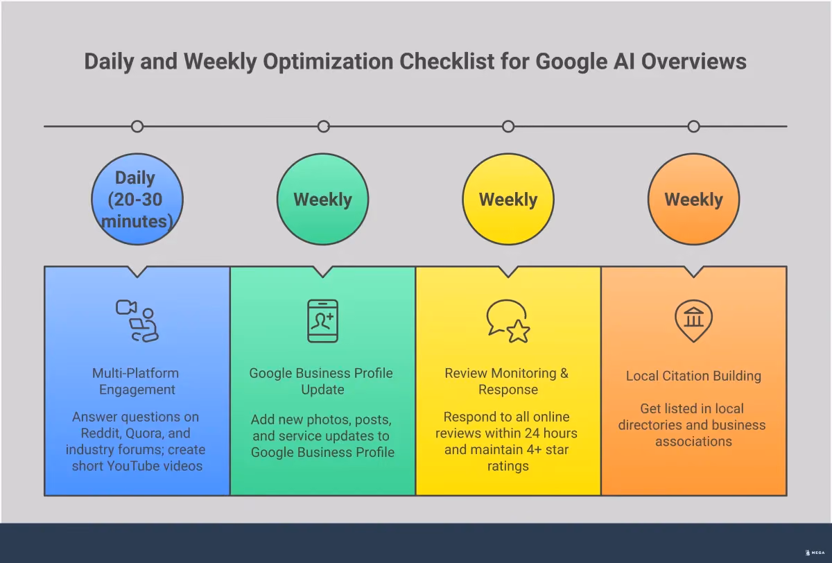 Master Google AI Overviews: Your Complete Optimization Guide Comprehensive infographic showing four key strategies for optimizing content for Google AI Overviews: structuring content with schema markup and front-loaded answers, building authority across multiple platforms like Reddit and YouTube, optimizing local business profiles with active management, and tracking citations and brand mentions instead of traditional rankings. Each section includes specific tools, timeframes, and measurable outcomes for small businesses looking to get featured in AI-generated search results.