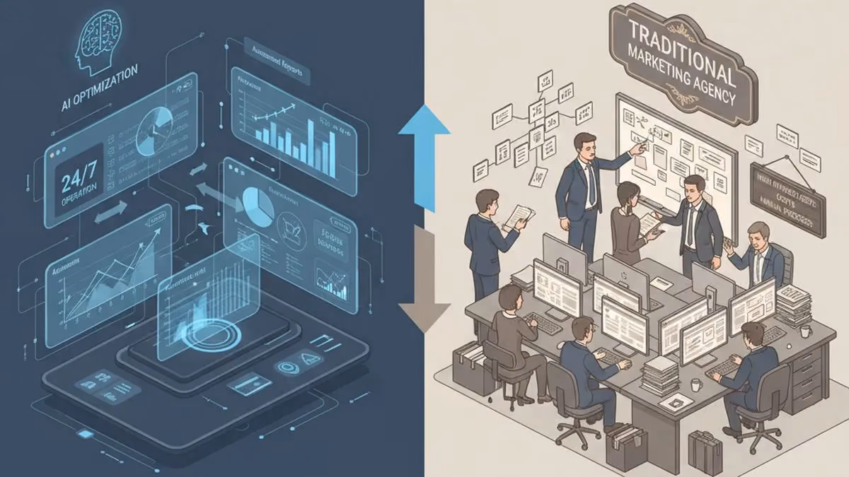 AI SEO platform dashboard compared to traditional marketing agency office and overhead costs