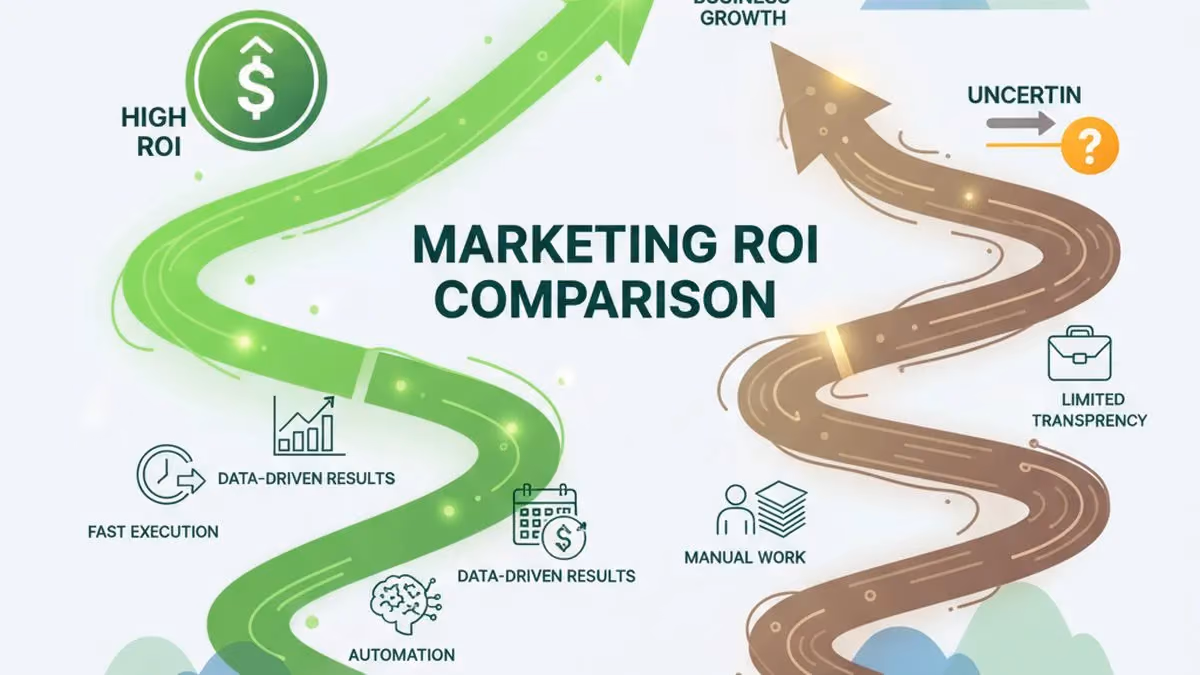 ROI comparison between AI marketing platform and traditional agency showing cost and performance differences