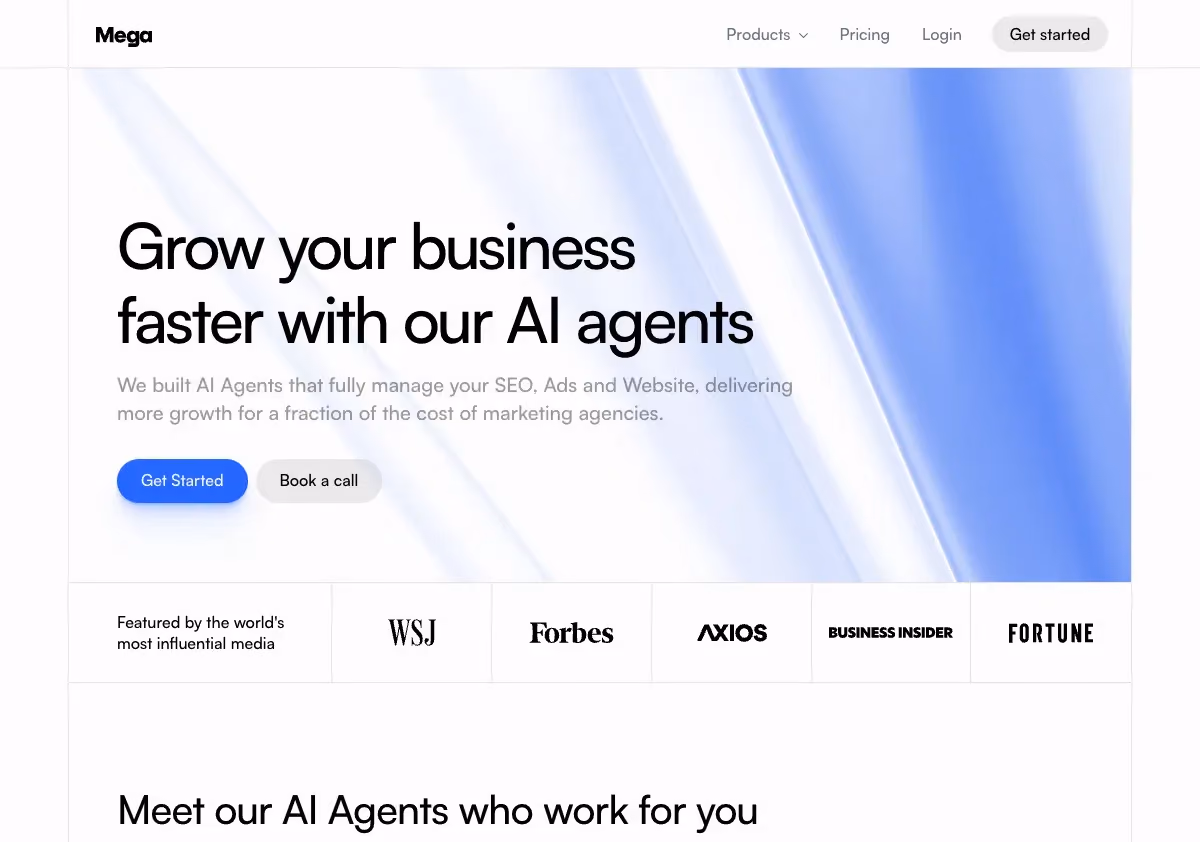 MEGA AI marketing platform homepage showing AI-powered SEO, Ads, and Website agents for business growth