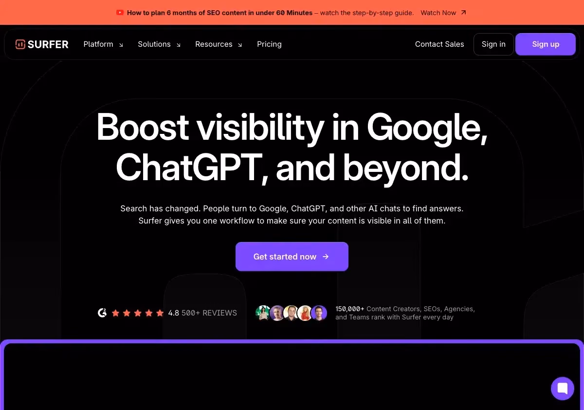 Surfer SEO content optimization platform homepage showing tools for Google and AI search visibility