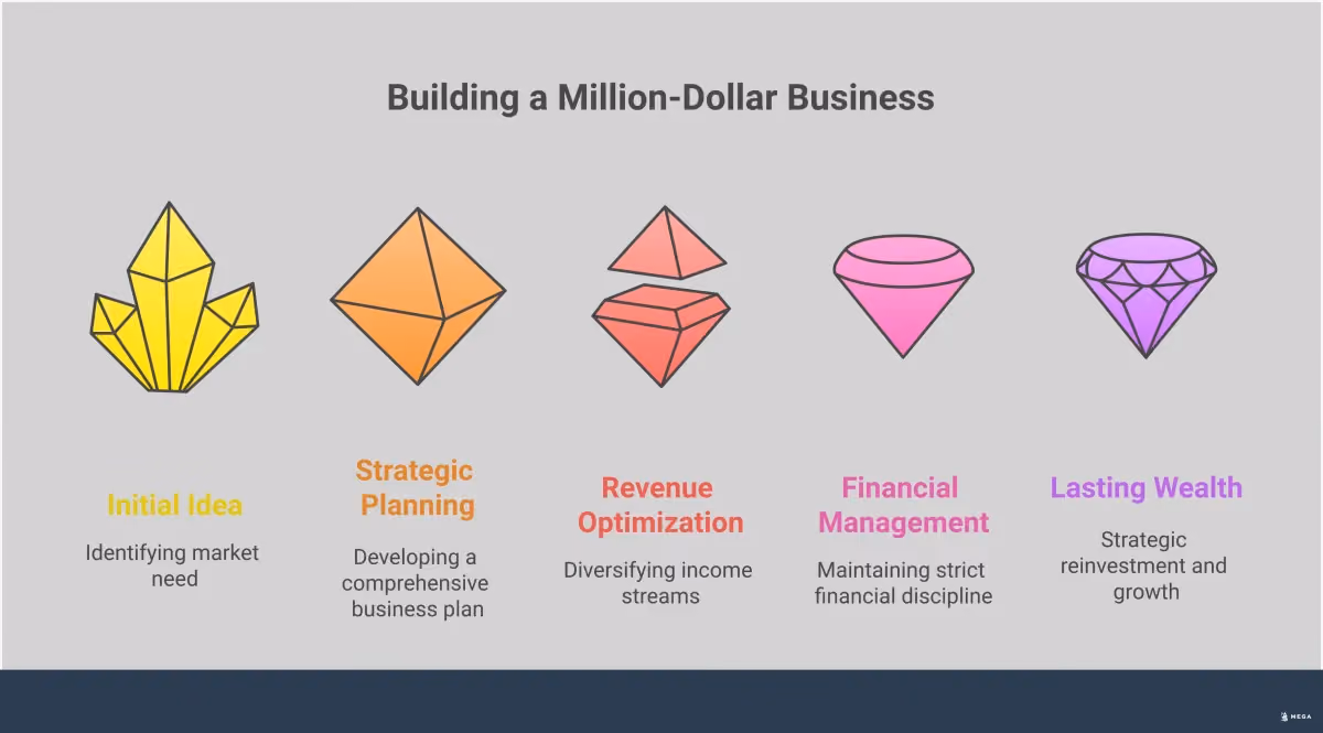 Million-Dollar Business: Wealth Creation Blueprint Infographic showing a four-step blueprint for building a million-dollar business, featuring sections on market research and validation, strategic planning with scalable systems, revenue optimization through multiple income streams, and financial management for wealth creation. The design uses professional styling with clear visual hierarchy and actionable insights for entrepreneurs.