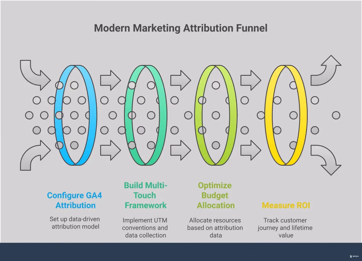 Modern Marketing Attribution Framework for Small Business Professional infographic showing a modern marketing attribution framework for small businesses. The design features five main sections arranged vertically with clean typography and data visualization elements. Section 1 shows AI traffic identification with analytics dashboard mockups and traffic pattern charts. Section 2 displays GA4 configuration steps with attribution model comparisons and conversion tracking setup. Section 3 illustrates multi-touch attribution with customer journey flowcharts and UTM parameter examples. Section 4 presents budget optimization strategies with performance comparison charts and automated bidding workflows. Section 5 demonstrates ROI measurement across the customer lifecycle with revenue attribution graphs and lifetime value calculations. The color scheme uses professional blues and grays with accent colors for data highlights, maintaining readability while conveying technical expertise.